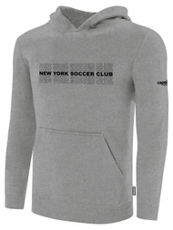 NYSC BASICS FLEECE PULLOVER HOODIE NEW YORK SOCCER CLUB TEXT ACROSS FRONT CENTER CHEST LIGHT HEATHER GREY BLACK