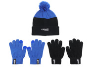 PENN UNITED COLORBLOCK KNIT CUFF HAT AND 2 PK GLOVES BLACK ROYAL BLUE