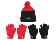 PENN UNITED COLORBLOCK KNIT CUFF HAT AND 2 PK GLOVES BLACK RED