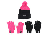 PENN UNITED COLORBLOCK KNIT CUFF HAT AND 2 PK GLOVES BLACK PINK