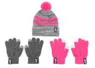 PENN UNITED COLORBLOCK KNIT CUFF HAT AND 2 PK GLOVES DARK HEATHER GREY PINK