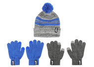 GBFC STRIPED KNIT CUFF HAT WITH POM AND 2PK GLOVES DARK HEATHER GREY ROYAL BLUE