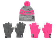 GBFC STRIPED KNIT CUFF HAT WITH POM AND 2PK GLOVES DARK HEATHER GREY PINK