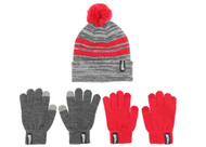 TN TEMPO STRIPED KNIT CUFF HAT  WITH POM AND 2PK GLOVES DARK HEATHER GREY RED