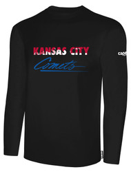 KC COMETS BASICS LONG SLEEVE TEE SHIRT TEXT CENTER CHEST -- BLACK WHITE