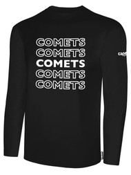 KC COMETS BASICS LONG SLEEVE TEE SHIRT REPEATED TEXT CENTER CHEST -- BLACK WHITE