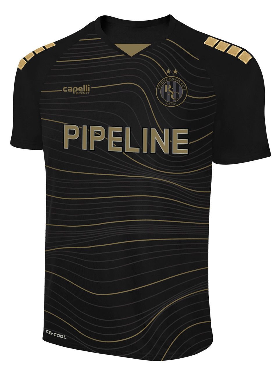 ECNL PIPELINE SC MADISON 2 COLOR LARGE WAVE SHORT SLEEVE MATCH JERSEY BLACK  GOLD METALLIC -- WL IS ON BACK ORDER AND WILL SHIP 7/23/21 - Capelli Sport