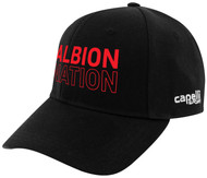 ALBION DELAWARE  CS TEAM BASEBALL CAP CENTER FRONT RED ALBION NATION TEXT LOGO BLACK WHITE