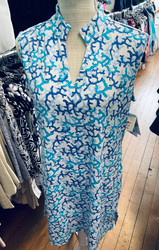 Dress, Tab Collar Coral Pattern Blue Turquoise Coolant Fabric LuLu B 