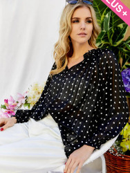 Top, 2 3x’s Left, Ruffle Neck Dot Black Sheer Pearlized Neck Button