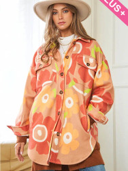 Shacket Shirt Flannel Retro Flower Orange  2 Pockets