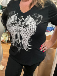 Top, Angel Wing Cross Rhinestones Black Long Sleeve USA Made
