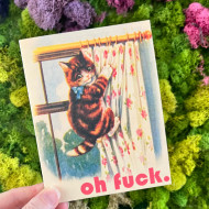 Card, Oh Shit Kitty Cat Climbing Curtains