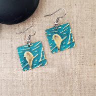 Earrings, Copper Embossed Bird Teal Square USA Made