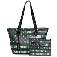 Purse, Tote American Flag Camo Green W/Pouch  Stud Handles