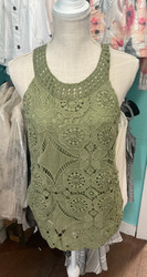 Top, Crocheted Sleeveless Celery Green Lined