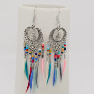 Earrings, Feather Colors Silvertone Boho