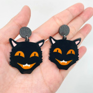 Earrings, Cat Face Acrylic Spooky  Halloween 