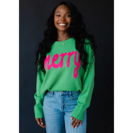 Sweater By Panache Merry Christmas Green Pink Holiday 