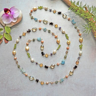 Necklace, Pearl Garnet Aquamarine Chips Citrine 46”