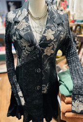 Jacket Coat Sweater Embroidered Button Up Floral Black Grey