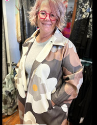 Coat, Retro Floral Open Front Pockets Brown