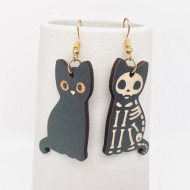 Earrings, Cat Black Skeleton Double Sided Halloween 