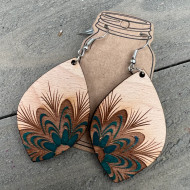 Earrings, Wood Hand Painted Teal Floral Nickel Free Wires