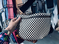 Purse Sling Crossbody Bum Hobo Woven Black Woven Ecru Checkered Vegan Leather 