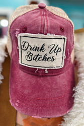 Cap, Baseball Vintage Distressed Drink Up Bitches Heather Red