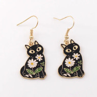 Earrings, Cat Black Enamel 