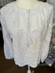 Top, Eyelet Floral Stitching White Peasant