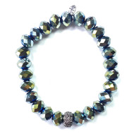 Bracelet, Stretch Faceted Glass Bead Greens Iridescent 