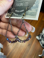 Earrings, Beaded Chain Dangle Plum Purple Iridescent 