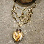 Necklace, Heart Mercury Glass Gold Brass Valentines Galantines