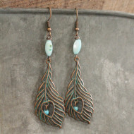 Earrings, Feather Bronze Turquoise Beads 3”