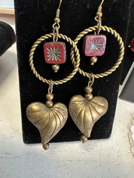 Earrings, Heart Tribal Czech Bead Ethnic Valentines Galentines