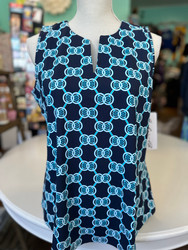 Top, Sleeveless Key Hole SPF 50 Coolant Fabric LuLu B Navy Circles