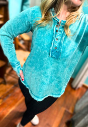 Top, Thumbholes Buttons Raw Edge Lt. Teal