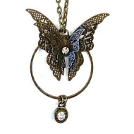 Necklace, Butterfly w/Ring Rhinestone Pendant 