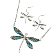 Necklace, Set Earrings Dragonfly Glitter Green Turquoise 
