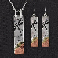 Necklace, Set Earrings Dragonfly Antique Silver Brass Copper 