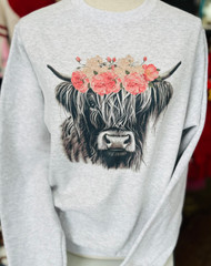 Sweatshirt, Highland Cow Flowers Grey