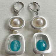 Earring, Pearl Glass Bead Turquoise Drop USA Made