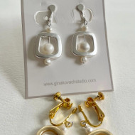 Earrings, Clip N Pearl Brushed Silver White