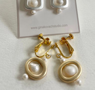Earring, Clip On Gold White Pearl