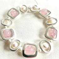 Bracelet, Pearl White Pink Bead Brushed Silver
