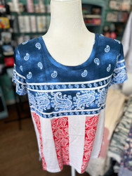 Top, Short Sleeved Red White Blue Paisley Keren Hart