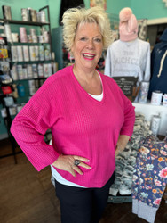 Top, V Neck Open Weave Spring Summer 3/4 sleeve Hot Pink