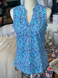 Top, Sleeveless Ruffle V Neck Turquoise White Aqua Beachtime By LuLu B 